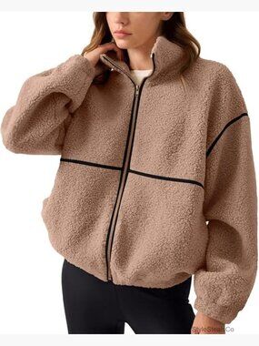 Womens Fuzzy Sherpa Fleece Jacket Zip Up Oversized Sweatshirt
